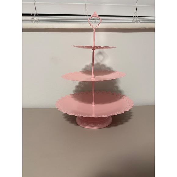Pink 3 Tier Metal Cupcake Stand Eyelet Lace Scalloped Edge Dessert Tower 16in - Picture 2 of 9